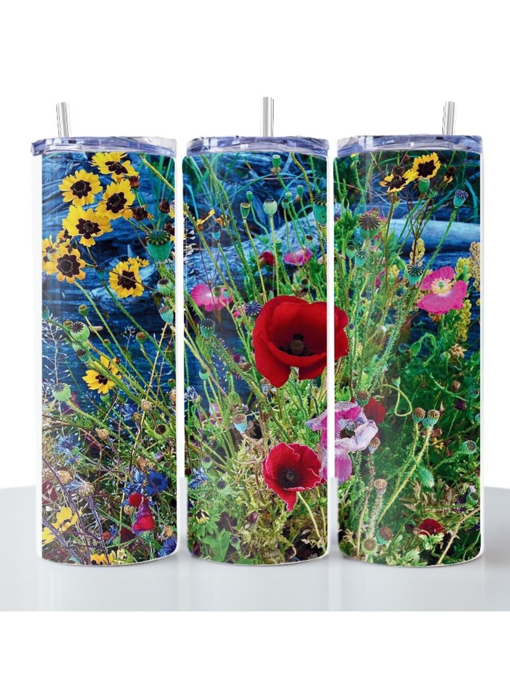 Flowers. 20 oz printed tumbler with stainless steel straw. Silicone tip.